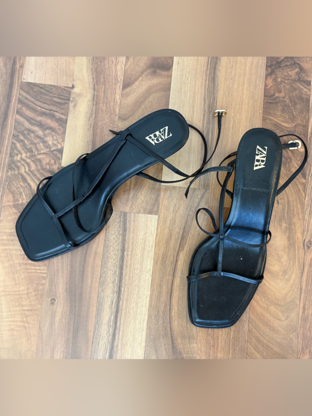 ZARA | Black Strappy Square-Toe Lace-Up Sandals